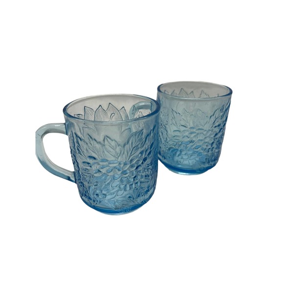 Vintage Fruit Motif Blue Pressed Glass Coffee Mugs Set of 2 - Picture 3 of 6